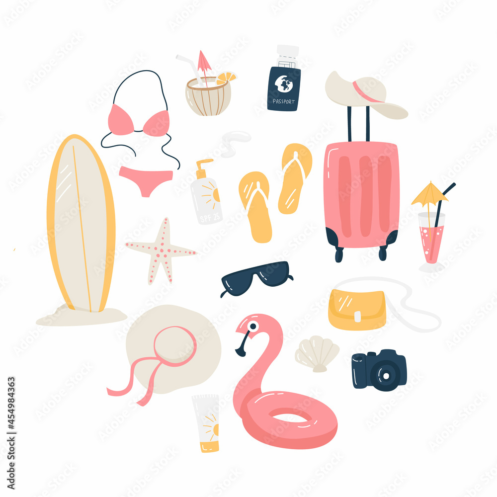 Summer vacation set. Resort concept. Travel set with coconut cocktail, swimsuit, surfboard, suitcase, sunglasses, camera, lifebuoy, passport etc.