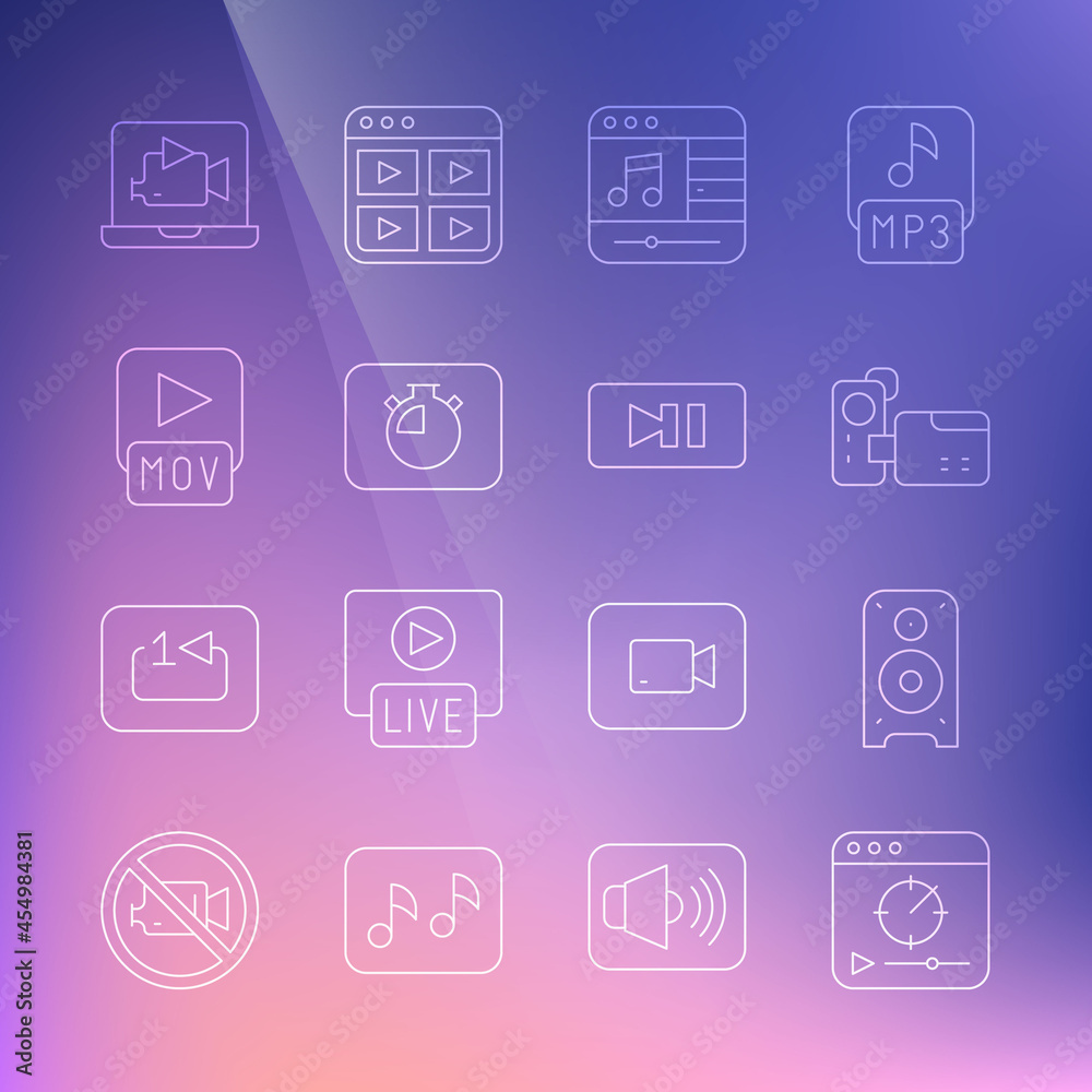 Set line Online play video, Stereo speaker, Cinema camera, Music player, Stopwatch, MOV file, and Pause button icon. Vector Set line Online play video, Stereo speaker, Cinema camera, Music player, Stopwatch, MOV file, and Pause button icon. Vector