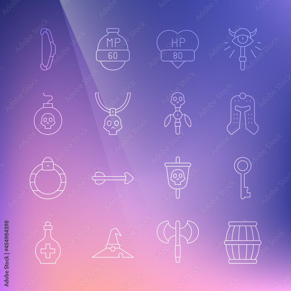 Set line Gun powder barrel, Old key, Medieval helmet, Video game, Necklace amulet, Bomb ready to explode, bow and Magic staff icon. Vector Set line Gun powder barrel, Old key, Medieval helmet, Video game, Necklace amulet, Bomb ready to explode, bow and Magic staff icon. Vector