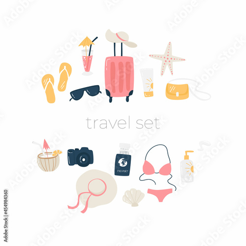 Summer vacation set. Resort concept. Travel set with coconut cocktail, swimsuit, surfboard, suitcase, sunglasses, camera, lifebuoy, passport etc.