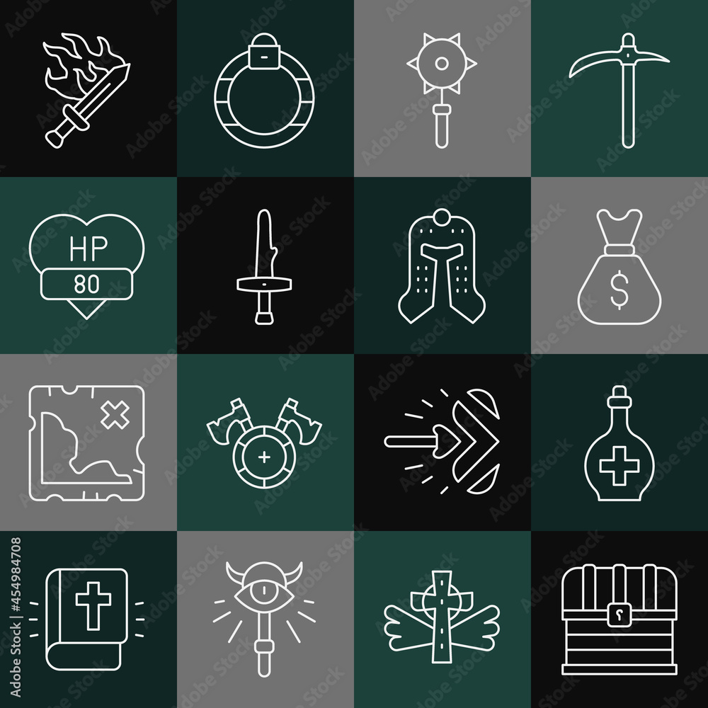 Set line Chest, Bottle with potion, Old money bag, Medieval chained mace ball, Dagger, Video game bar, Sword for and helmet icon. Vector Set line Chest, Bottle with potion, Old money bag, Medieval chained mace ball, Dagger, Video game bar, Sword for and helmet icon. Vector
