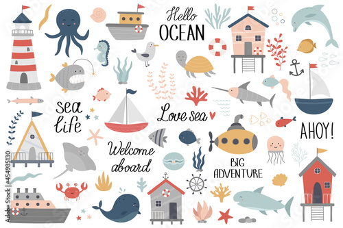 Marine kit. Underwater world. Ocean inhabitants, seaweed, shells, corals, beach house, boats, submarine, turtle, fish, octopus, seahorse, whale, dolphin, shark, jellyfish. Vector illustration