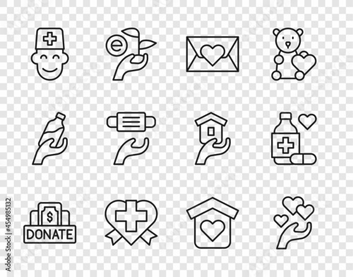 Set line Donation and charity, Heart in hand, Envelope with heart, cross, Male doctor, Medical protective mask, Shelter for homeless and Medicine bottle pills icon. Vector