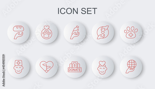Set line Hand holding Earth globe, Male doctor, Donation water, Volunteer, food, Heart with animals footprint, Leaf heart and charity icon. Vector