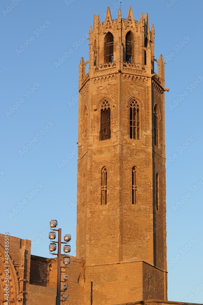 Bell tower of the Seu Vella de Lleida, the old Gothic cathedral of Lleida. Catalonia. Spain. Vertical image.
