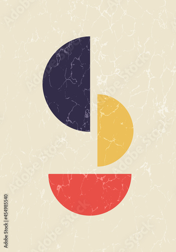Abstract contemporary mid century poster with geometric shapes and texture. Design for wallpaper, background, wall decor, cover, print, card. Modern boho minimalist art. Vector illustration.