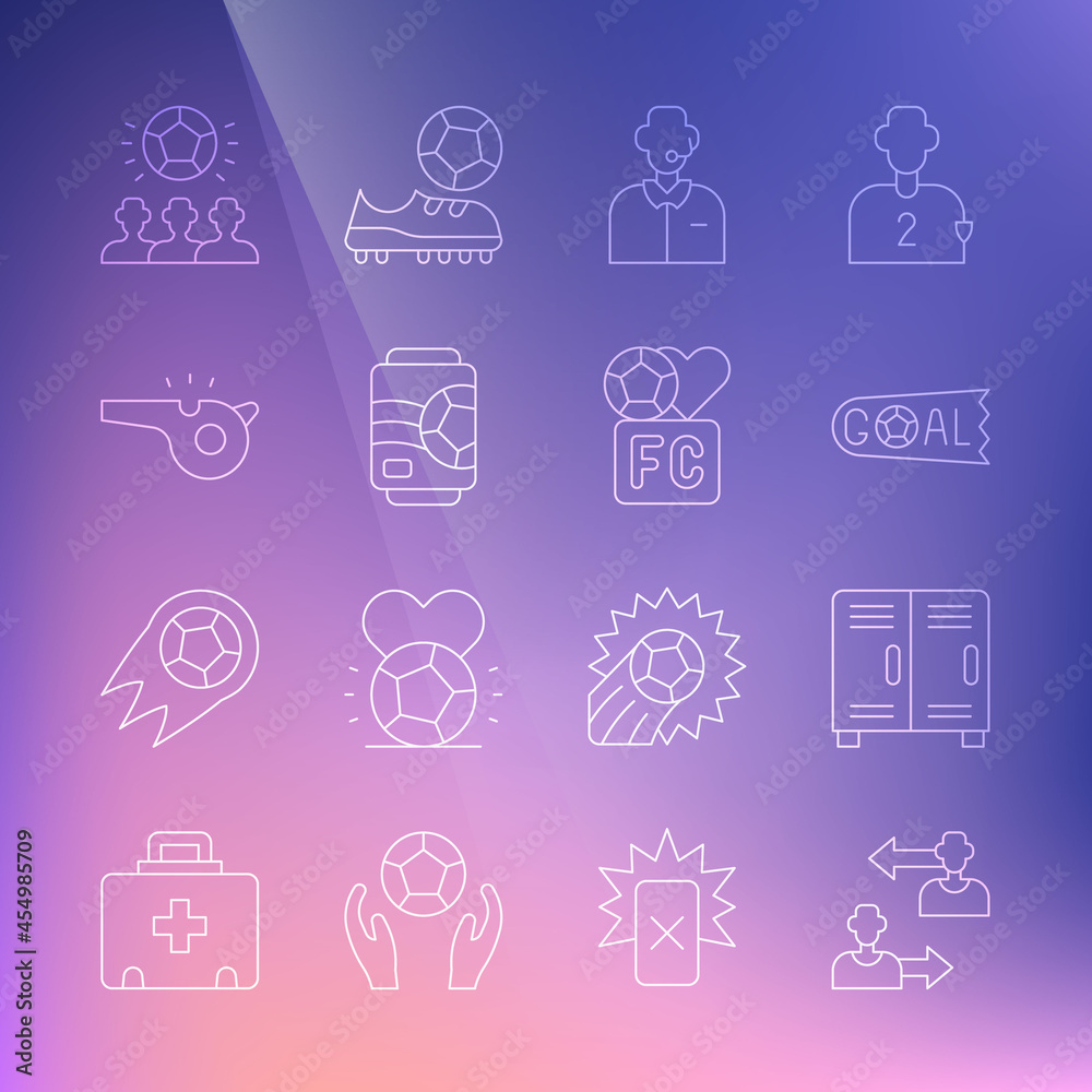 Set line Substitution football player, Locker or changing room, Goal soccer, Football commentator, Beer can, Whistle, Soccer and Fan club icon. Vector Set line Substitution football player, Locker or changing room, Goal soccer, Football commentator, Beer can, Whistle, Soccer and Fan club icon. Vector