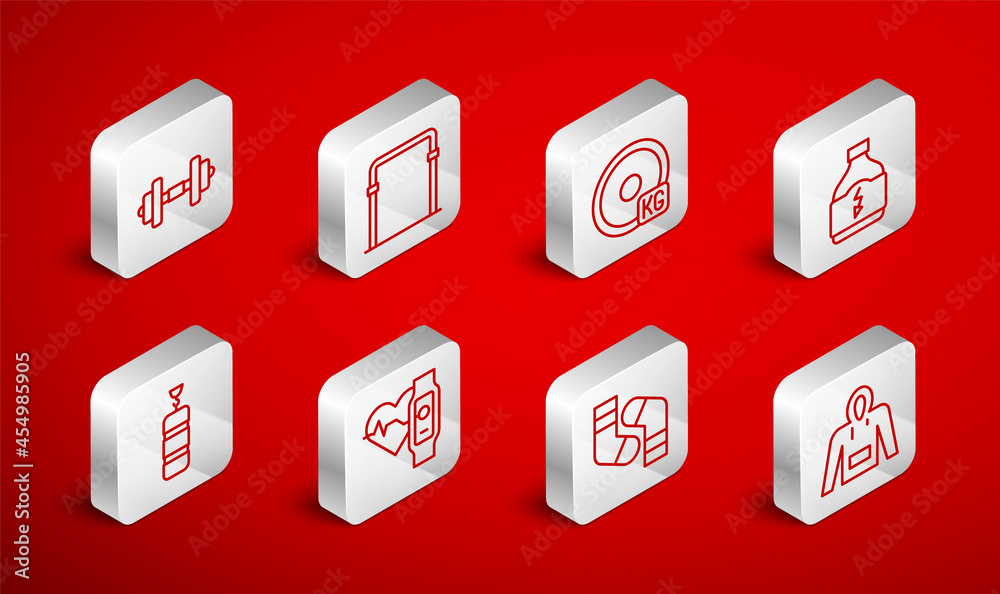 Set line Hoodie, Sport horizontal bar, Weight plate, Sports nutrition, Socks, Dumbbell, Smart watch with heart and Punching bag icon. Vector Set line Hoodie, Sport horizontal bar, Weight plate, Sports nutrition, Socks, Dumbbell, Smart watch with heart and Punching bag icon. Vector