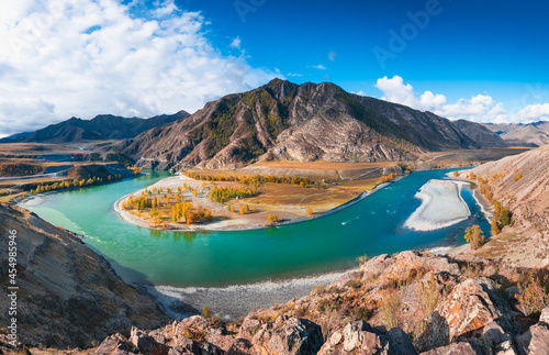 Bild auf Leinwand Confluence of Chuya and Katun rivers in Altai mountains, Siberia, Russia