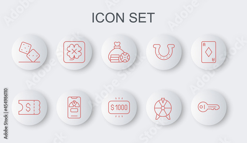 Set line Old key, Lottery ticket, Money bag, Lucky wheel, Game dice, Casino slot machine, phone and prize casino icon. Vector