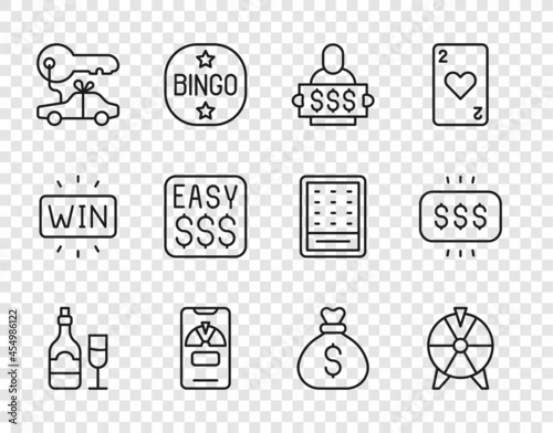Set line Champagne bottle with glass, Lucky wheel, Winner holding prize ticket, on phone, Car gift, Money casino, bag and icon. Vector