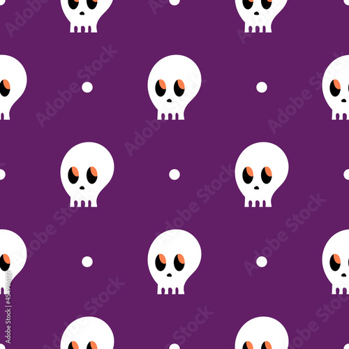 The pattern of the skull. Skulls on a purple background. Cartoon seamless pattern. Endless texture. Bright and fashionable design for Halloween