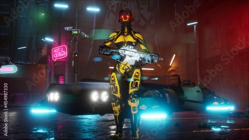 A cyber-security guard stands on a rainy street in a neon city and watches out for order. The rainy street of the city of the future. 3D Rendering photo