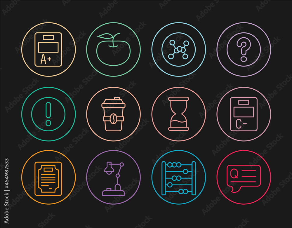 Set line Speech bubbles with Question, Exam paper incorrect answers, Chemical formula, Coffee cup to go, and Exclamation, sheet A plus grade, Old hourglass and Apple icon. Vector Set line Speech bubbles with Question, Exam paper incorrect answers, Chemical formula, Coffee cup to go, and Exclamation, sheet A plus grade, Old hourglass and Apple icon. Vector