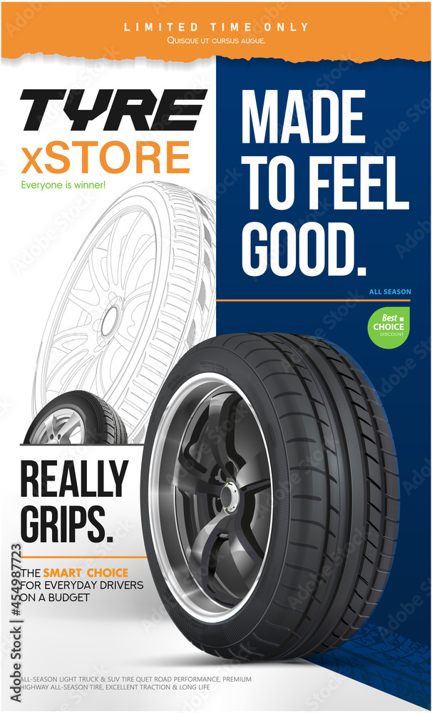 Tire sale out banner template. Tire shop vector banner of car wheel