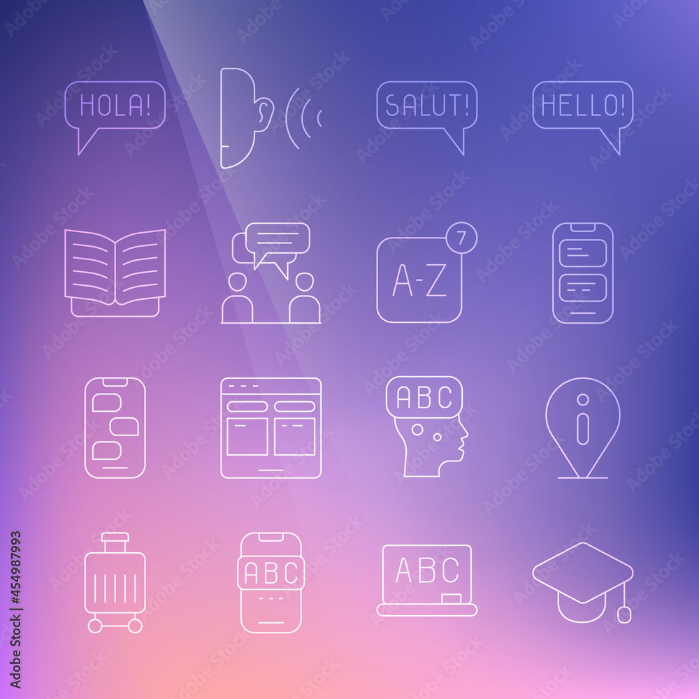 Set line Graduation cap, Information, Online translator, Salut different languages, Two sitting men talking, Open book, Hola and icon. Vector Set line Graduation cap, Information, Online translator, Salut different languages, Two sitting men talking, Open book, Hola and icon. Vector