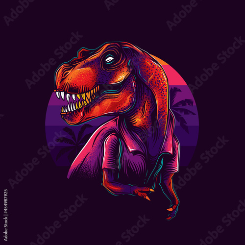 Original vector illustration of a Tyrannosaurus rex in vintage style against a retro sunset and palm trees. Tyrannosaurus Rex
