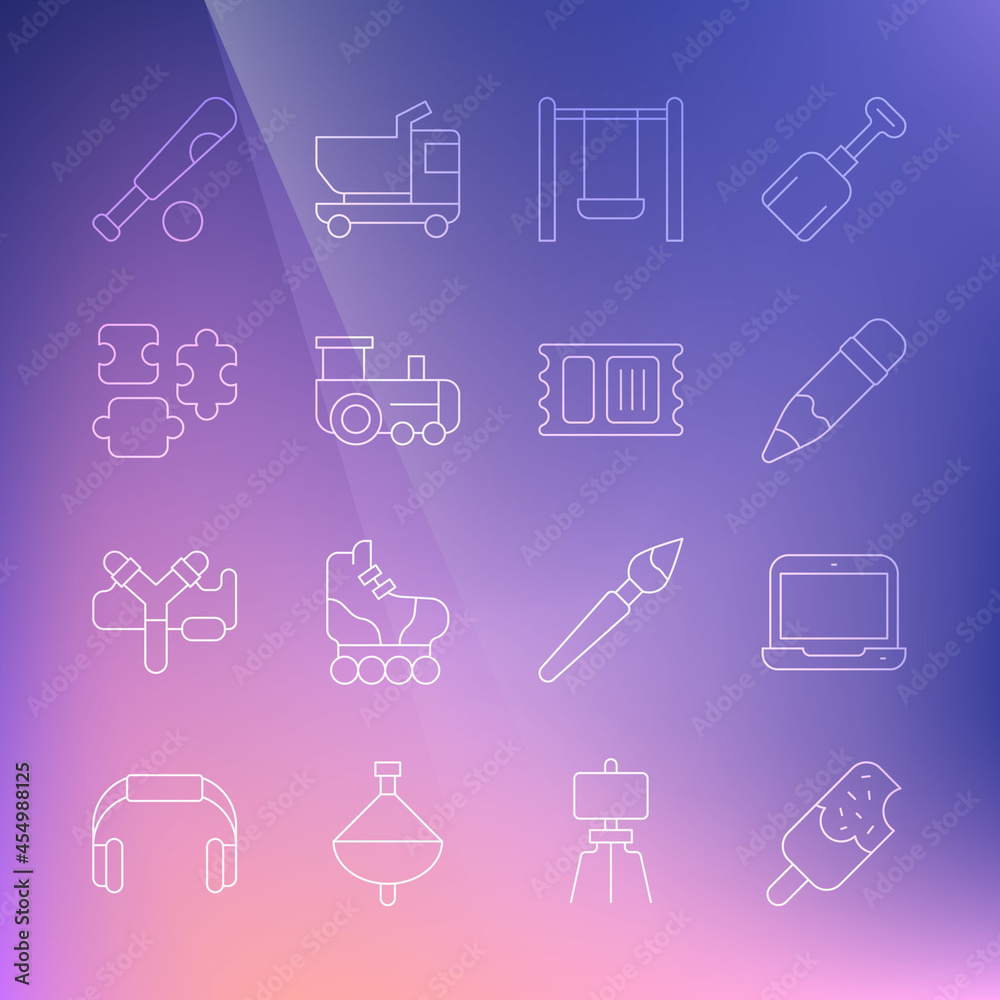 Set line Ice cream, Laptop, Pencil with eraser, Swing, Toy train, Puzzle pieces toy, Baseball bat ball and Circus ticket icon. Vector Set line Ice cream, Laptop, Pencil with eraser, Swing, Toy train, Puzzle pieces toy, Baseball bat ball and Circus ticket icon. Vector