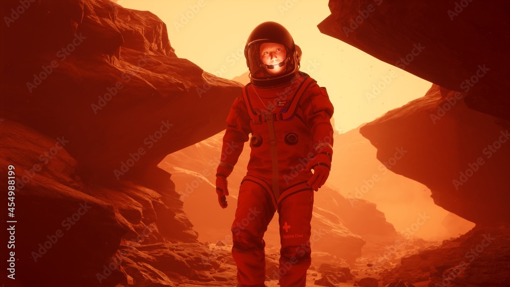 Astronaut researcher walks through a sandstorm on the planet Mars. The ...