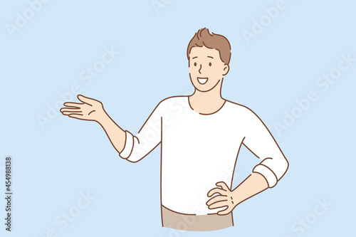 Hand language and gesticulating concept. Young smiling man cartoon character standing gesticulating pointing aside with hand vector illustration 