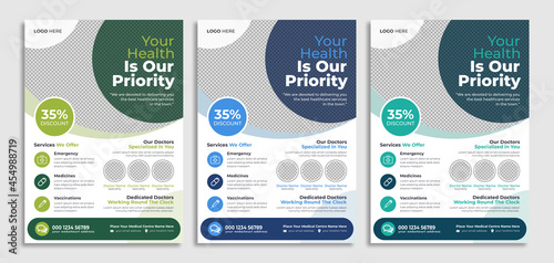 Medical flyer template design for healthcare service business marketing. Professional banner or poster for hospital, doctor, dentist, dental and health. Social media promotion abstract style cover.  