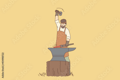 Work and tools of blacksmith concept. Young man blacksmith cartoon character with beard in apron standing working with hot iron vector illustration 