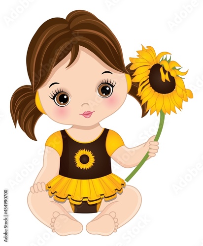 Cute Little Baby Girl Holding Sunflower. Vector Baby Girl with Sunflower