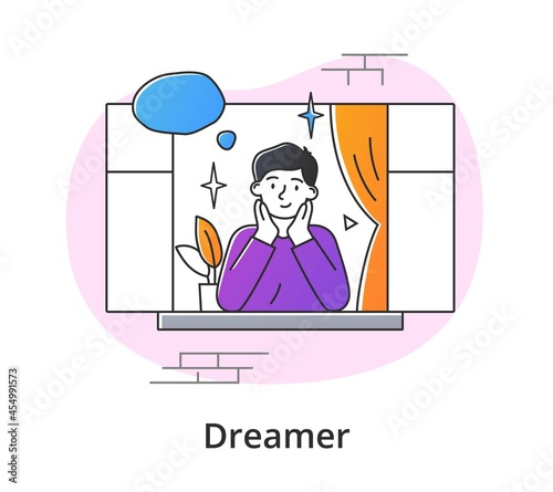 Young male character is contemplating from window. Concept of smiling thoughtful young men and women working and relaxing at home. Dreamy people with thought bubble. Flat cartoon vector illustration