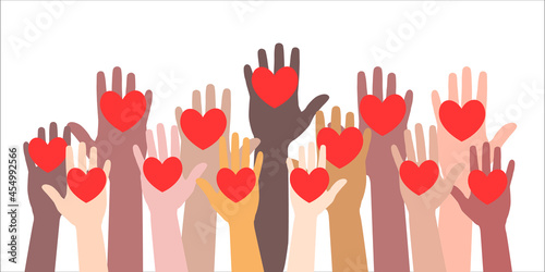Hands holding a heart, voluntary and donation flat raster illustration. Volunteers, social workers holding hearts in palms give and share love to people concept.Multiethnic society unity, togetherness