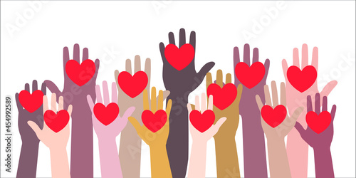 Hands holding a heart, voluntary and donation flat vector illustration. Volunteers, social workers holding hearts in palms give and share love to people concept.Multiethnic society unity, togetherness