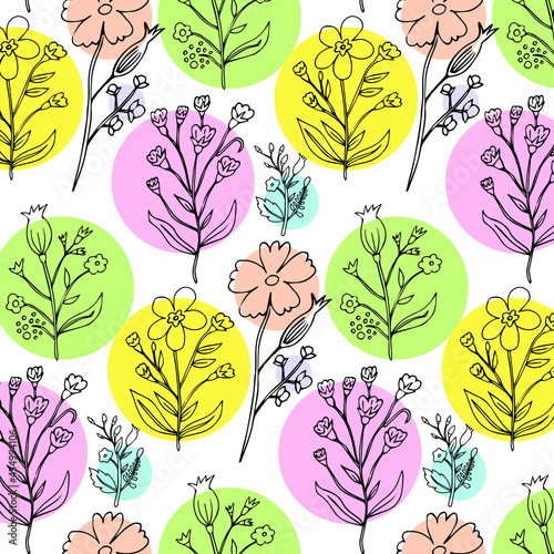 Seamless floral pattern with different branches with flowers and leaves on colorful circles isolated on white background. Black line elements. Modern and trend ornament. Vector illustration. photo
