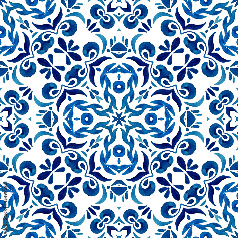 Abstract seamless ornamental watercolor arabesque tile pattern for fabric