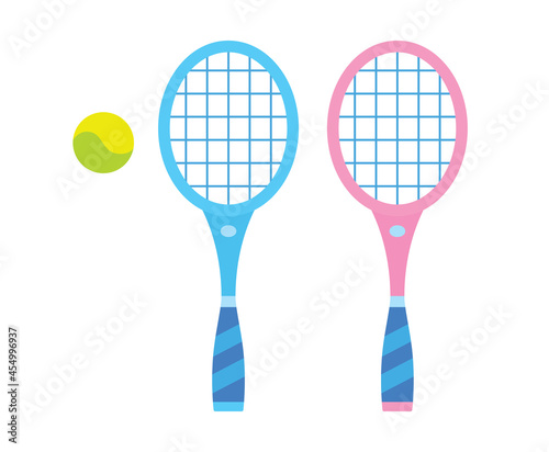 Pink and blue tennis racket and ball isolated flat vector icon