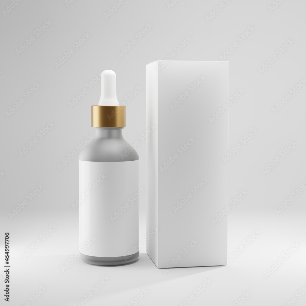  glass bottle dropper with gold cap metal white label beauty 3d mockup care cosmetic  packaging with white box paper carton health 
