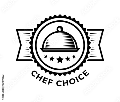 Vintage style illustration of a cloche serving plate isolated on white background. Vector emblem for packaging and restaurant menu design. Catering logo
