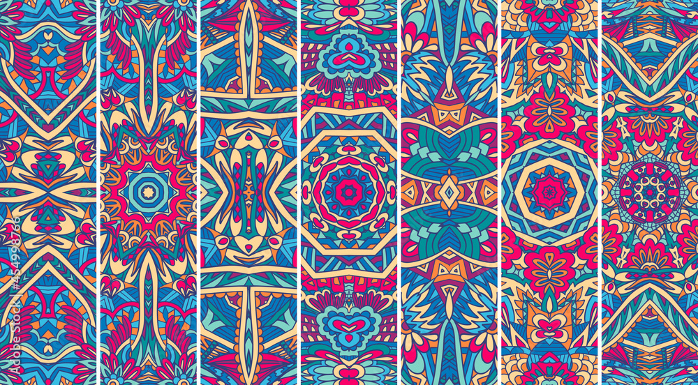 Ethnic geometric pattern set with bright color psychedelic print.