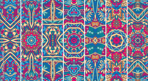 Ethnic geometric pattern set with bright color psychedelic print.