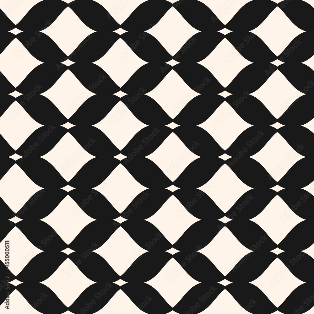 Abstract monochrome seamless mesh pattern. Black and white vector illustration with curved rhomboid shapes. This design is used for prints, business cards, wallpapers, covers, packaging. Abstract monochrome seamless mesh pattern. Black and white vector illustration with curved rhomboid shapes. This design is used for prints, business cards, wallpapers, covers, packaging.