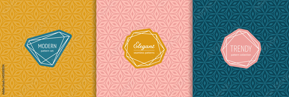 Vector abstract seamless pattern collection with stylish labels, badges. Trendy cover designs. Abstract texture with geometric floral ornament. Background templates for banner, decor, print, package