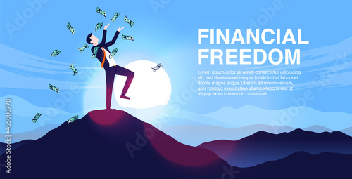 Financial freedom - Cheerful man on mountaintop throwing money in air and celebrating economic independence. Money and happiness concept. Vector illustration