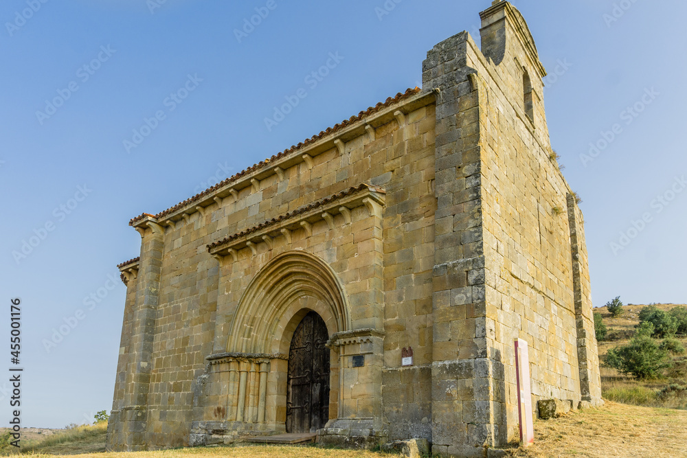 Exterior view of the Romanesque Chapel of Santa Eulalia in the neighborhood of Santa María de Aguilar de Campoo, Palencia, Castilla y León, Spain