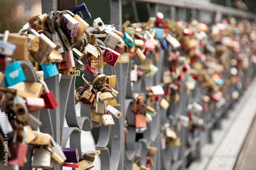 The Eiserner Steg, a bridge covered in love locks in Frankfurt, Germany. photo