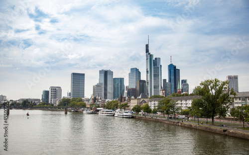 Panoramic view of Frankfurt  Germany with the Main river in the foreground