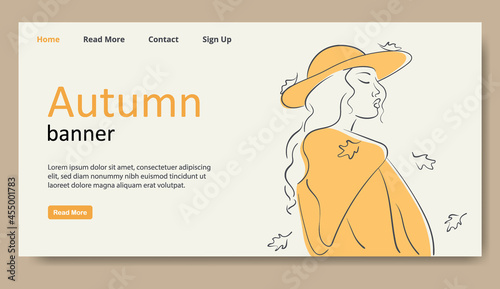 Hello autumn vector illustration. Decorative autumn greeting card with character, falling leaves and woman in coat. Fall season. Applicable for web banner, poster. Eps 10