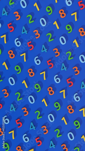 Colorful number pattern. Blue background. Abstract illustration, 3d render.