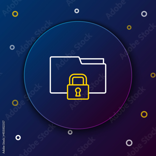 Line Folder and lock icon isolated on blue background. Closed folder and padlock. Security, safety, protection concept. Colorful outline concept. Vector