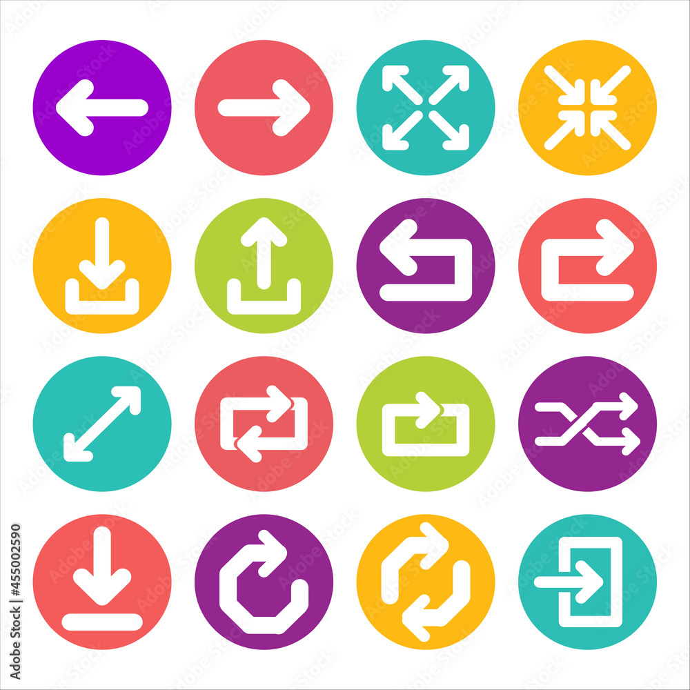 Arrow circle button icon set. Simple circle shape internet button on colorfull background. Contemporary modern style. this vector illustration web design element saved 8 eps Arrow circle button icon set. Simple circle shape internet button on colorfull background. Contemporary modern style. this vector illustration web design element saved 8 eps