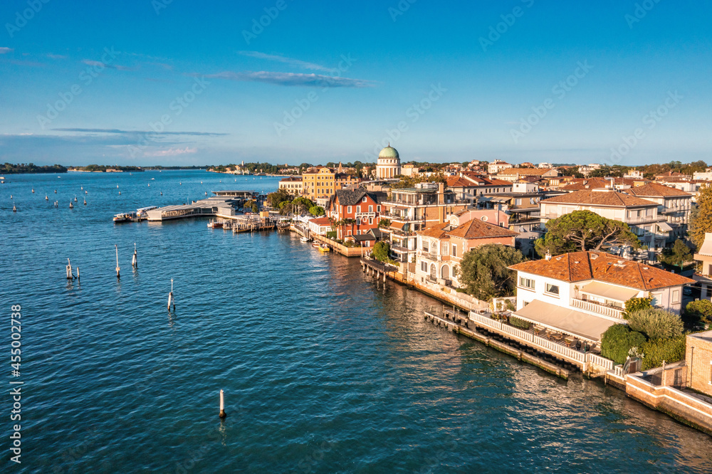 Fototapeta premium Aerial view of the Lido de Venezia island in Venice, Italy. The island between Venice and Adriatic sea.