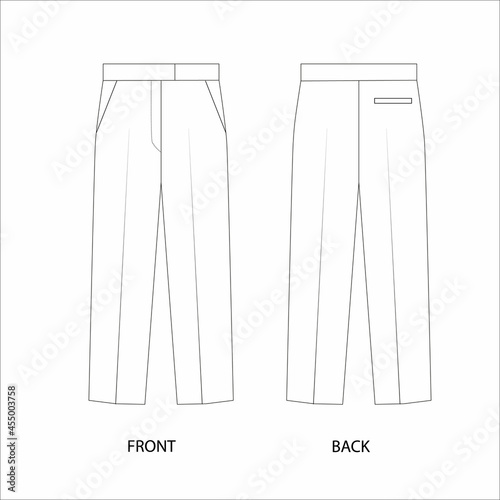 illustration of a sketch of a straight trousers. Straight trousers vector. Technical outline pants. Classic trousers sketch.  Men's pants vector. 