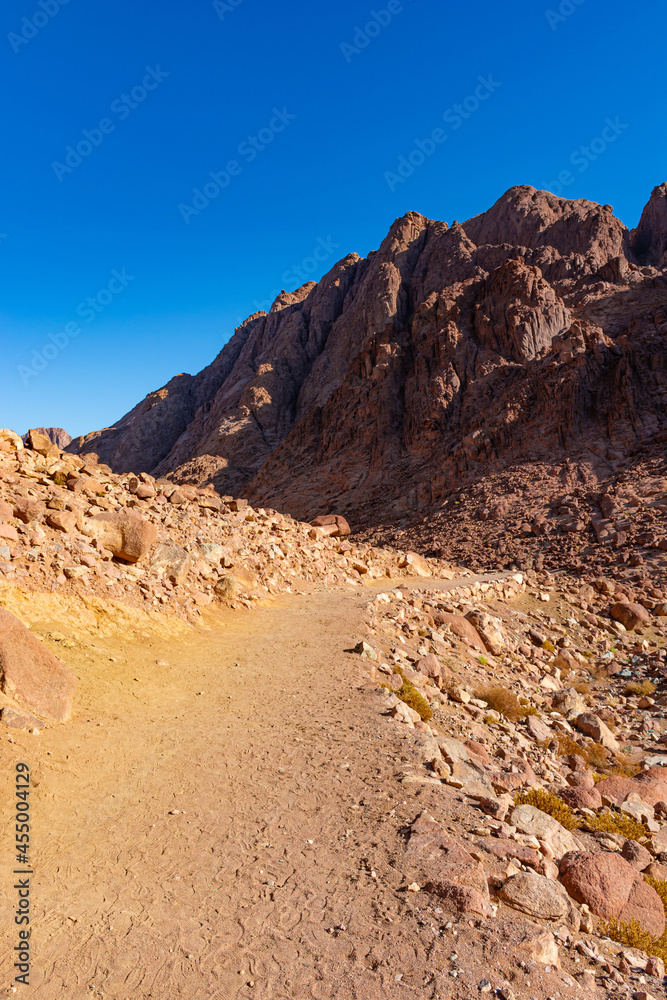 Egypt, trail to Mount Moses on a bright sunny day, mountain view